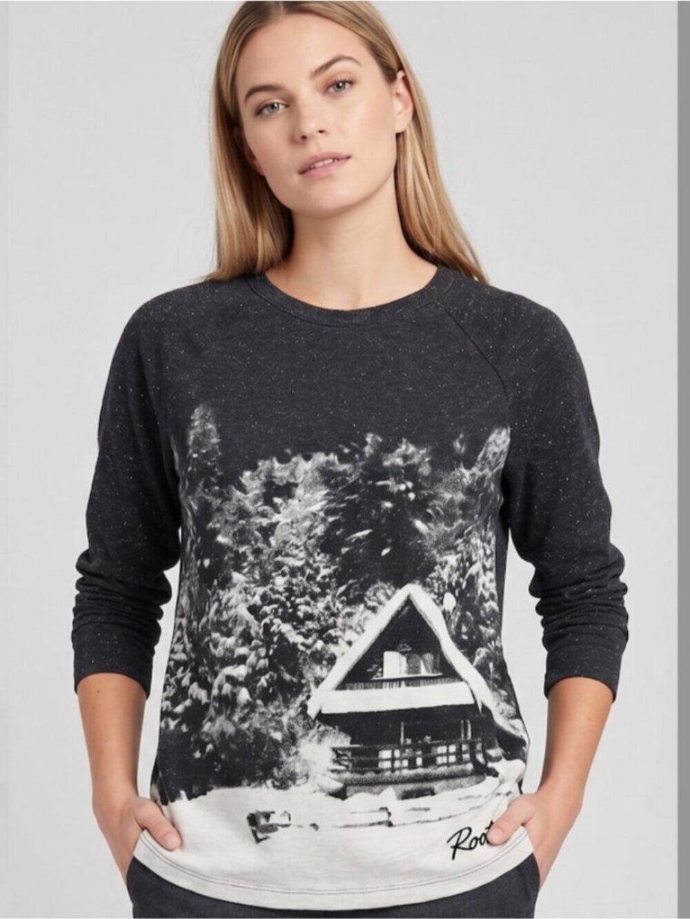 Roots Women’s Charcoal Speckled Graphic Long Sleeve Top | Cabin Print | Size Sma